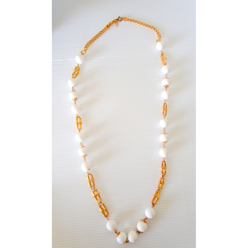 Vintage Signed Direction One 35" Necklace Bamboo Style Goldtone White Beads